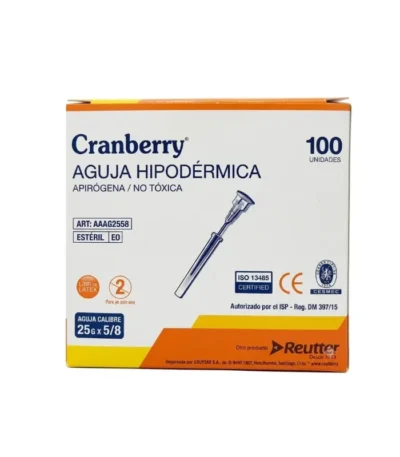 Aguja Hipodermica 25G x 5/8 Cranberry Caja x 100 Unidades - Agujas Hipodérmicas Estériles 25G x 5/8 Pulgadas C...