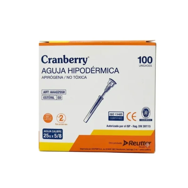 Aguja Hipodermica 25G x 5/8 Cranberry Caja x 100 Unidades - Agujas Hipodérmicas Estériles 25G x 5/8 Pulgadas C...