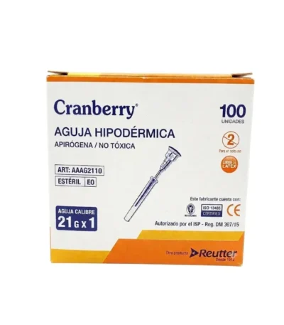 Aguja Hipodermica 21G x 1 Pulgada Verde Cranberry Caja x 100 Unidades - Agujas Hipodérmicas Estériles Cranberry 21G x 1...