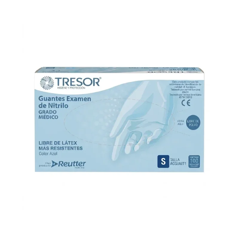 Guantes de Nitrilo Azul Cobalto de Examinación TRESOR® de Reutter – Sin Polvo, Caja de 100 Unidades