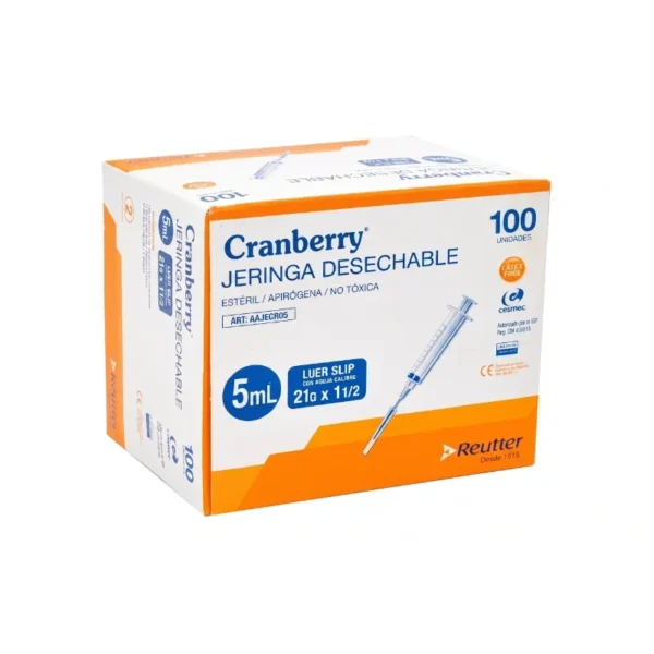 Jeringa 5 ml Luer Slip con Aguja 21G x 1 1/2 Cranberry Caja 100 Unidades - ADMINISTRACION CLINICA FLUIDA Y DOSIFICACION PRECI...