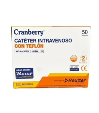 Catéter Intravenoso Periférico con Teflón 24G x 3/4 Cranberry Caja x 50 Unidades - Acceso venoso seguro y de inserción suave para ven...