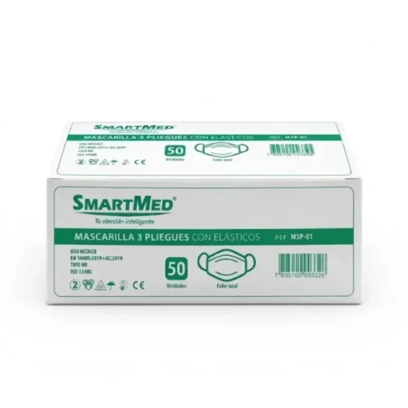 Mascarilla Quirurgica 3 Pliegues con Elasticos Smartmed Caja 50 Unidades - Proteccion Respiratoria Eficaz y Alta Eficiencia d...