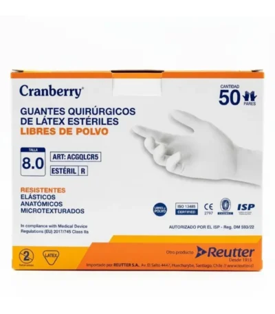 Guantes Quirúrgicos Látex Libre de Polvo Estériles Cranberry Talla 8.0 Caja 50 Pares - Alta precisión táctil y bioseguridad superior en e...