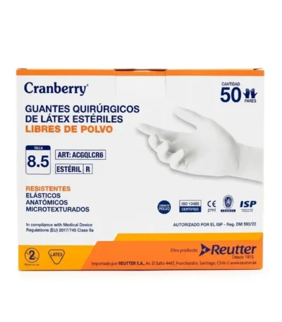 Guantes Quirúrgicos Látex Libre de Polvo Estériles Cranberry Talla 8.5 Caja 50 Pares - Alta precisión táctil y bioseguridad superior en e...