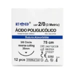 Sutura Ácido Poliglicólico Calibre 2/0 Aguja 3/8 Círculo HRT30 75 cm – Caja x 12 Unidades Estériles - Sutura Quirúrgica Absorbible Sintética Trenzada co...