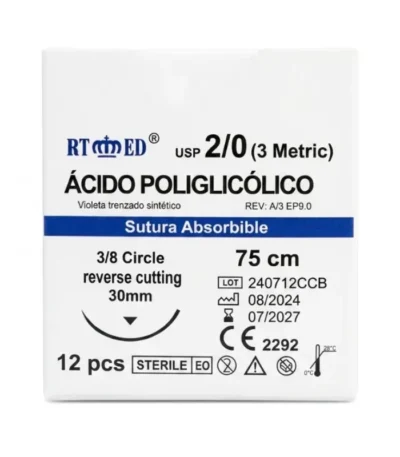 Sutura Ácido Poliglicólico Calibre 2/0 Aguja 3/8 Círculo HRT30 75 cm – Caja x 12 Unidades Estériles - Sutura Quirúrgica Absorbible Sintética Trenzada co...