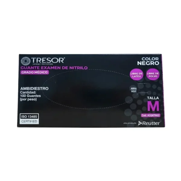 Guantes de Nitrilo Negros Sin Polvo Talla M Tresor Caja 100 Unidades