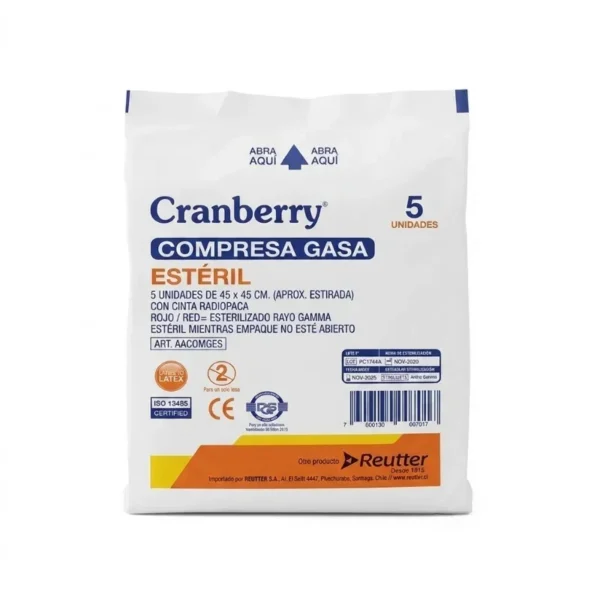 Compresa de Gasa Estéril 45x45 cm con Radiopaco Cranberry Paquete x5 Unidades