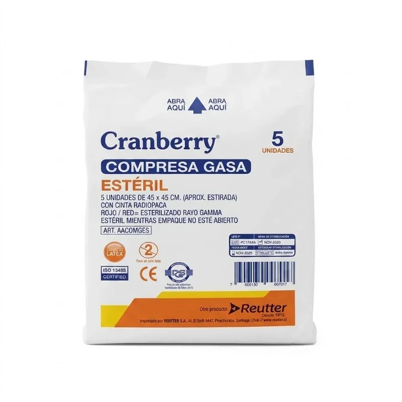 woo-products2Fimages2F1788564438494-edit_1788564438048-2-2.webp Compresa de Gasa Estéril 45x45 cm con Radiopaco Cranberry Paquete x5 Unidades - Imagen 1
